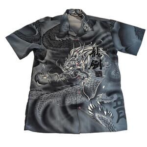 Million Guy Men's Gray & Black Dragon Print Short Sleeve Button Up Shirt